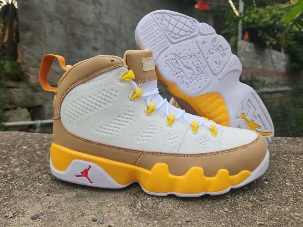 Air Jordan 9 White and Earth Yellow Sneakers