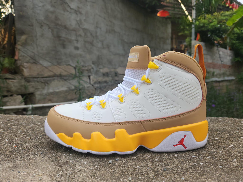 Air Jordan 9 White and Earth Yellow Sneakers