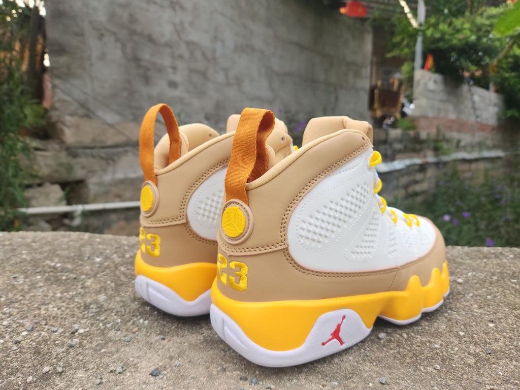 Air Jordan 9 White and Earth Yellow Sneakers