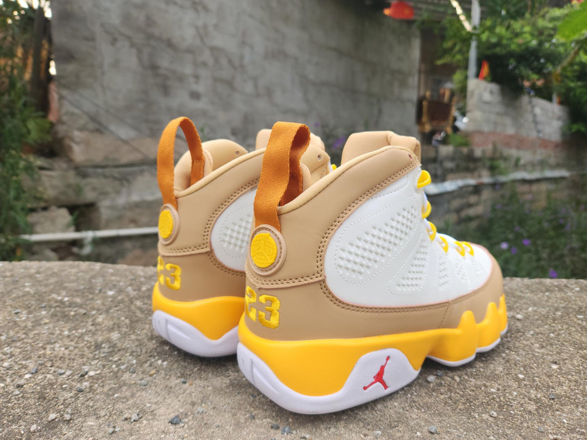 Air Jordan 9 White and Earth Yellow Sneakers